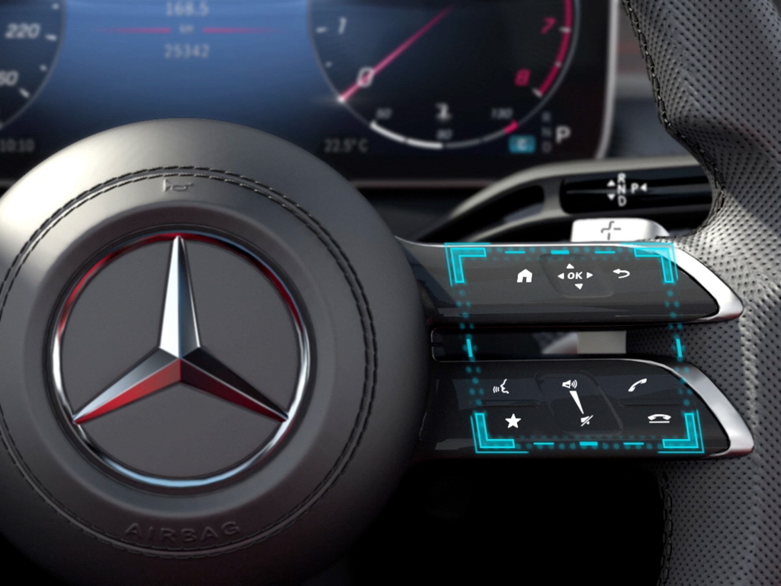 Posnetek prikazuje delovanje koncepta upravljanja na dotik MBUX limuzine razreda C Mercedes-Benz.